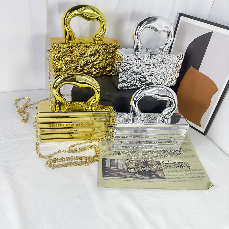 Gold Silvery Acrylic Box Bags Clutch Evening Bag Elegent Chain Shoulder For Women Handbag Weddingdatingparty 240727