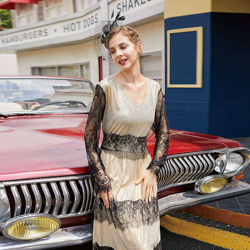 Fat Mm Plus Size Dress Skirt Mesh Lace Patchwork Style High Waisted Long Sleeved Dress Sexy Dress Sexy Self-cultivation SKINNY DRESS High Waist Dress