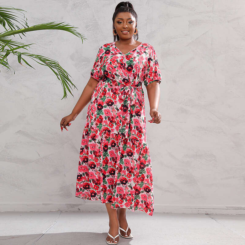 Hot Selling Oversized Loose Floral Dress for Women with V-neck Waist Up Slim and Long Skirt Seaside Vacation Beach Skirt Temperament Round Neck Dress