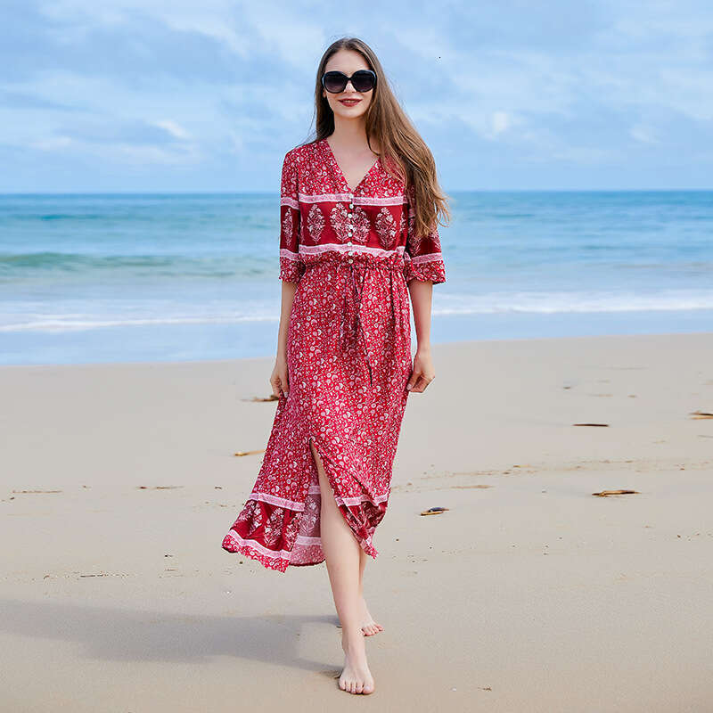 Bohemian Style V-neck Seaside Vacation Womens Large Floral Breasted Dress Slit Long Skirt at the Hem Waist Bifurcated BOHO DRESS Oversize Dress