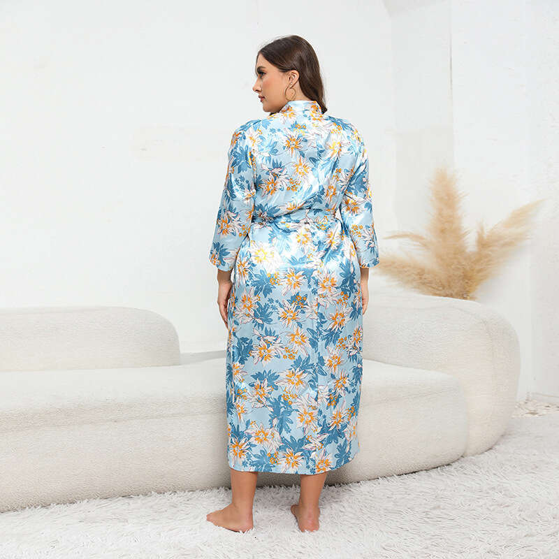 Hot selling oversized colored Ding pamas for women imitation silk printed long sleeved home clothing cardigan can be worn externally