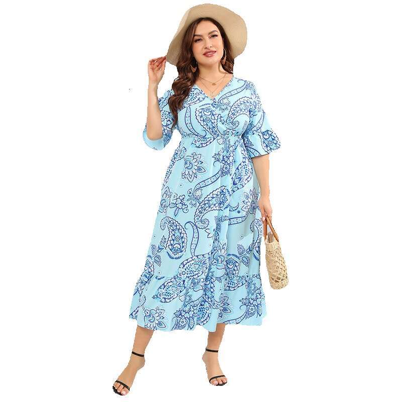 US Hot Selling Large Size Paisley Flare Sleeves Beach Vacation Skirt Long Dress Floral Dress Long Summer Dress Sexy Waist Bifurcated Short Round Neck 