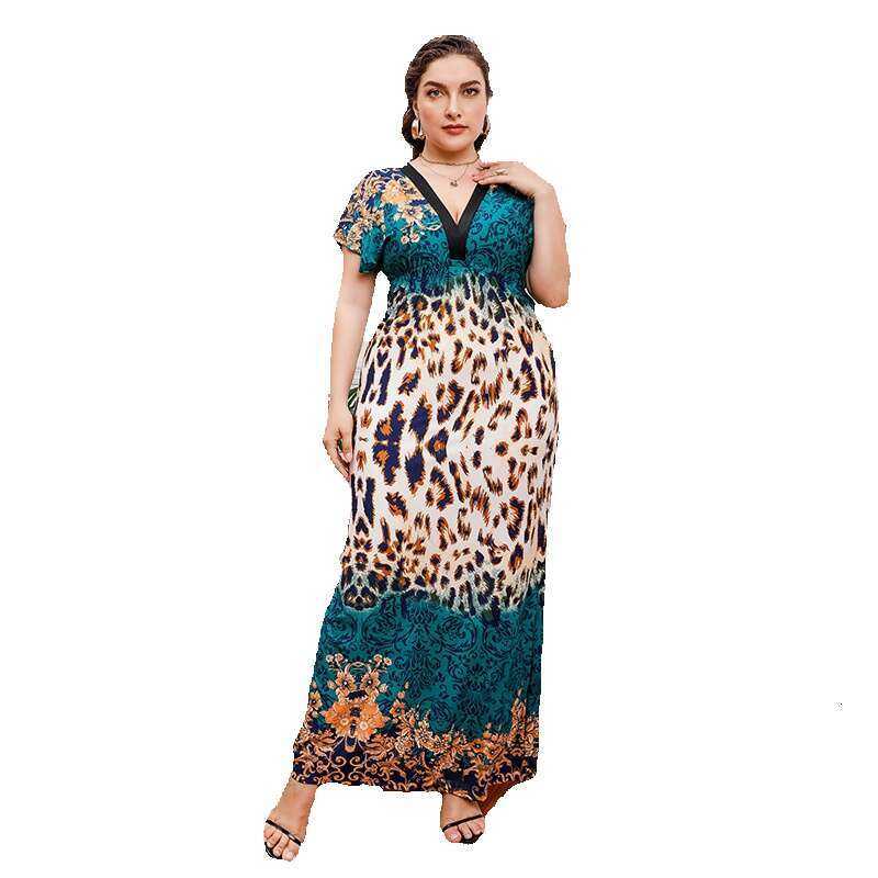 Hot Selling Summer and Autumn New Womens Leopard Print Short Sleeved Mid Length Skirt Sexy V-neck Oversized Dress Bifurcated Waist Loose Round Neck Dr