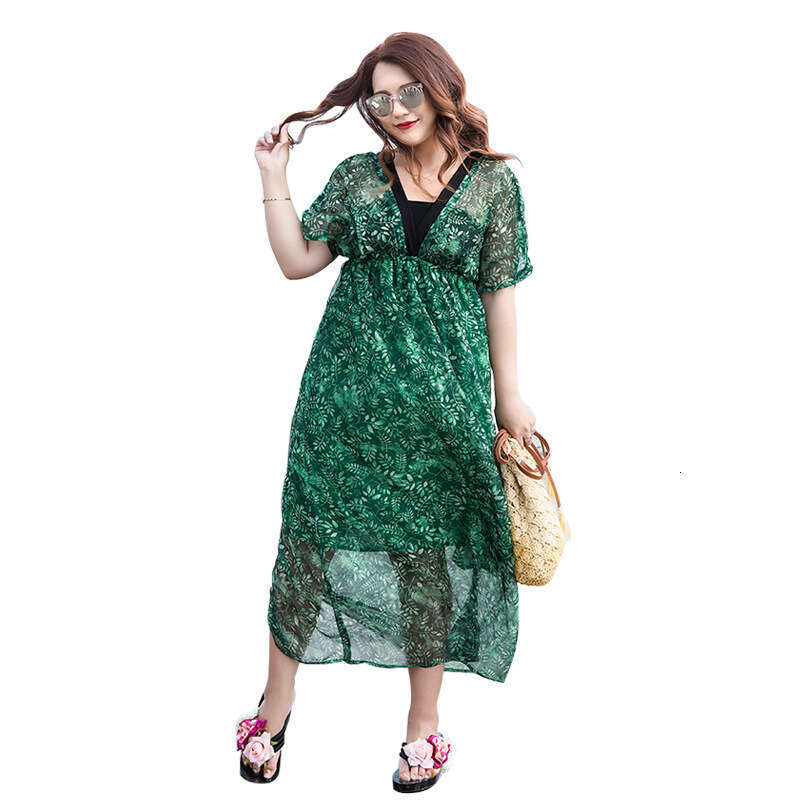 New Oversized Womens Dress Chubby Little Sister Short Sleeved Deep V-neck Green Printed Chiffon Long Skirt Waist Loose Short Lace Dress Silk Dress