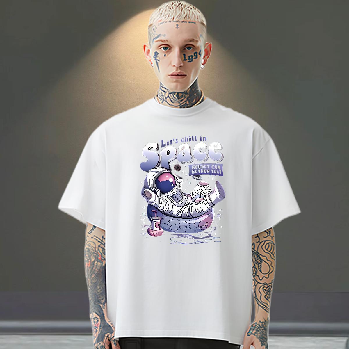 New T shirt spaceman Tops Tees 100% Cotton 230g Daily Wear High Quality Cartoon Print Breathable Crew Neck Men Tops Tees