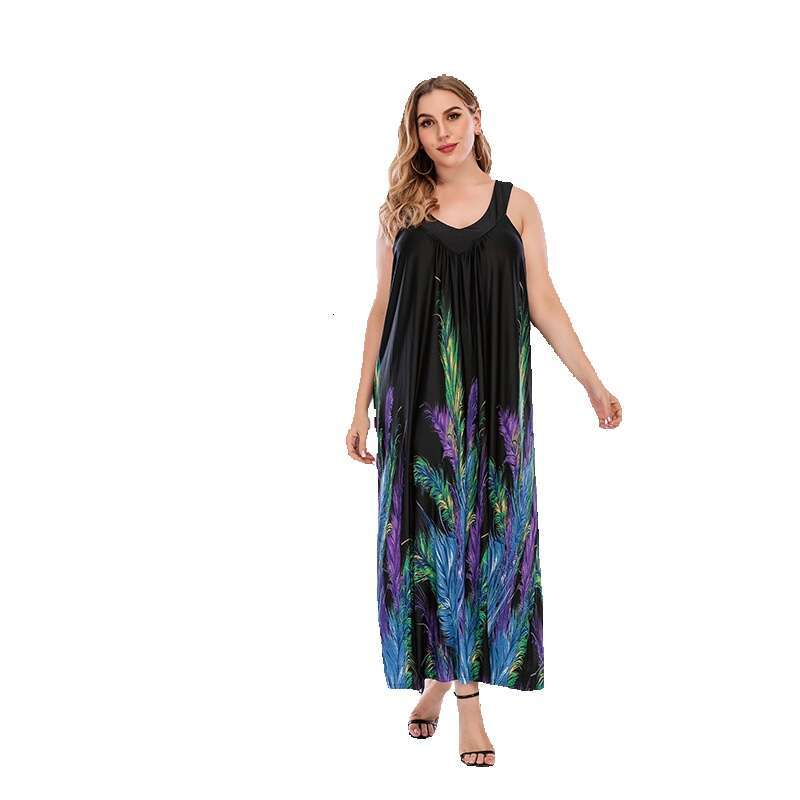 Womens Oversized Clothing Weighing 200 Pounds Chubby Mm Can Wear A Loose V-neck Dress with Black Feathers for Women Loose Waist Bifurcated BOHO DRESS
