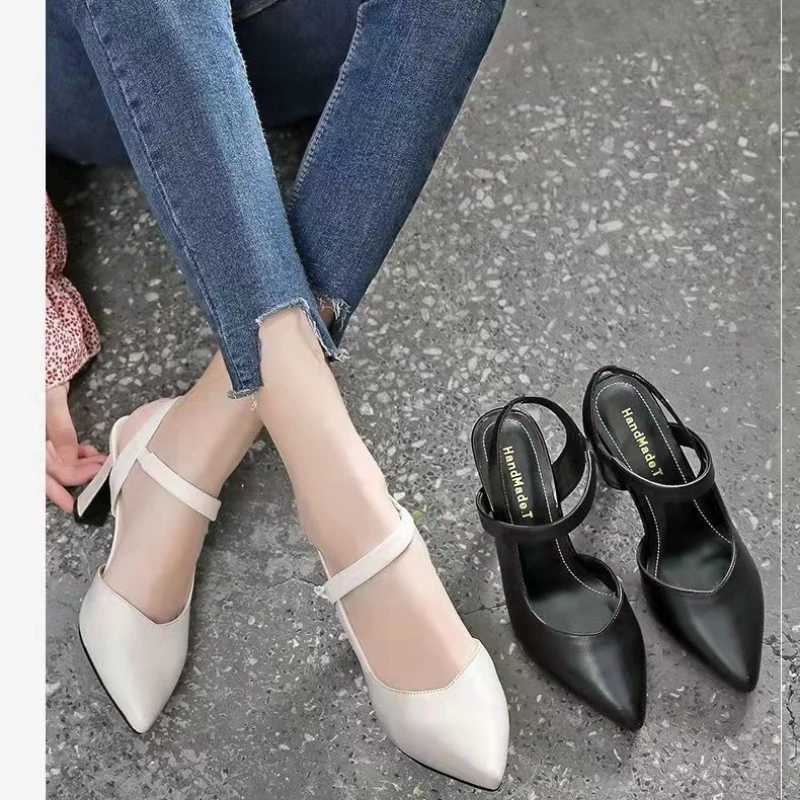 High Quality Womens soft leather high toe thick toe straight sandals solid color simple casual edition womens shoes T241024