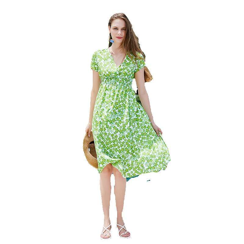 Hot Selling Floral Dress in the Continent Small and Fresh Elastic Waist Midi Skirt V-neck Swing Collar Print Seaside Vacation Style Oversize Dress BOH