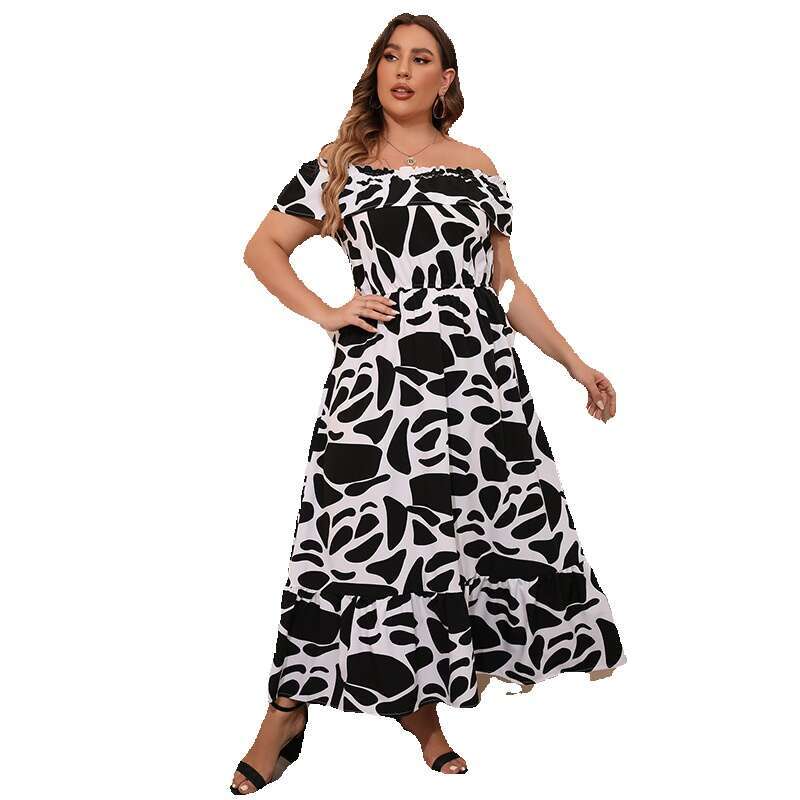 New Hot Selling Classic Black and White Paired Grand Ruffle Edge Long Skirt for Women with Cow Print Print Simple One Line Collar Dress Loose Denim Dr