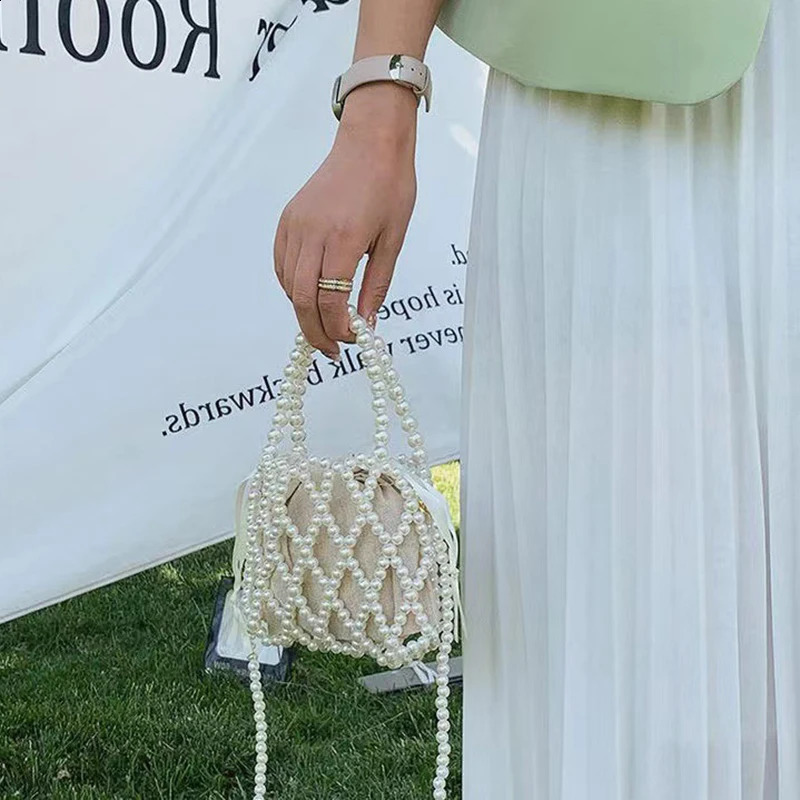 French retro handbag fairy fashion womens bead bucket bag cross body summer n hollow pearl 250401