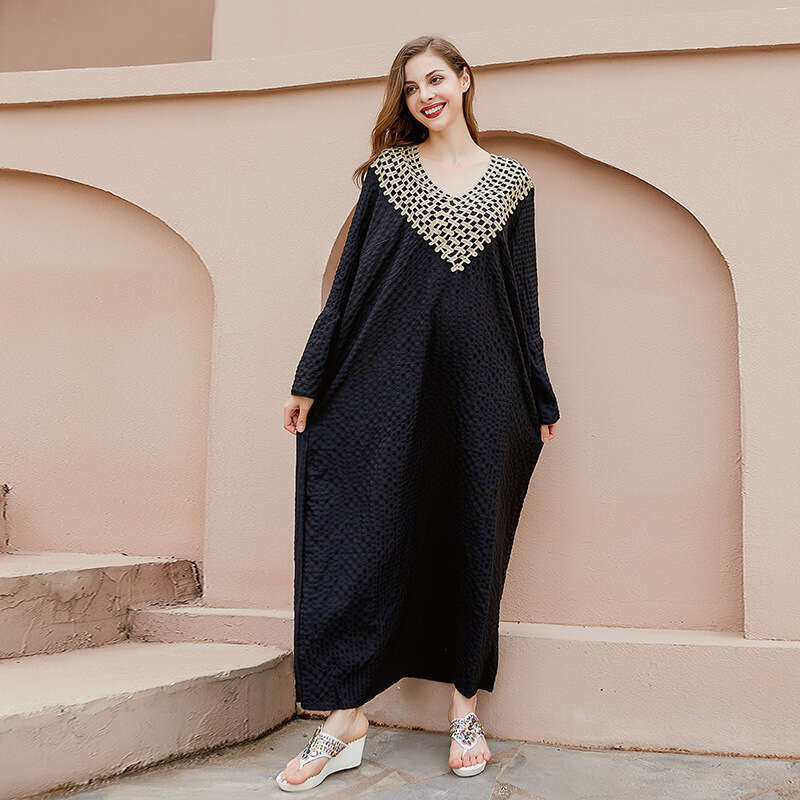 Hot Selling Spring Dress Solid Color Loose Fitting Socialite V-neck Black French Mid Length Skirt Novelty Sexy Short Bifurcated Loose Oversize Dress