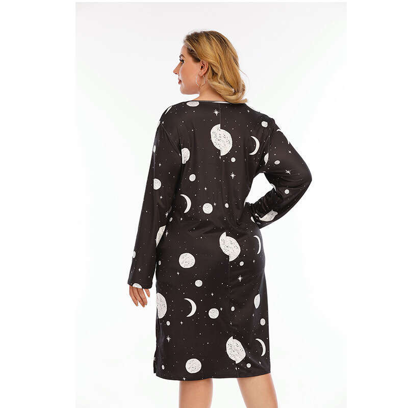 Spring New Graffiti T-shirt Skirt Large Casual Home Fury Print Loose Mid length Dress Pocket