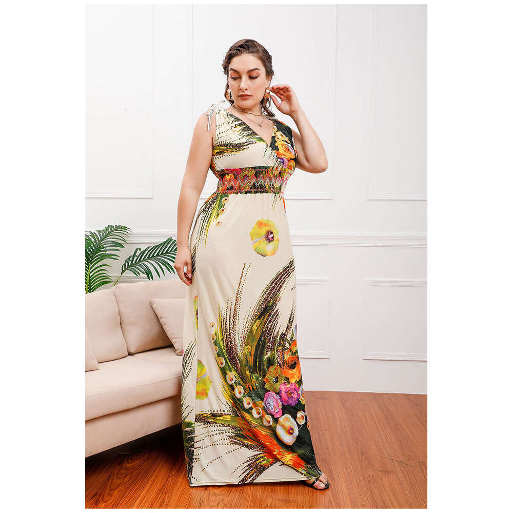 Hot Selling Chubby Mm Oversized Ice Silk Printed Bohemian Fat Plus Size V-neck Long Dress Sexy Dress Novelty Loose Waist Silk Dress Denim Dress