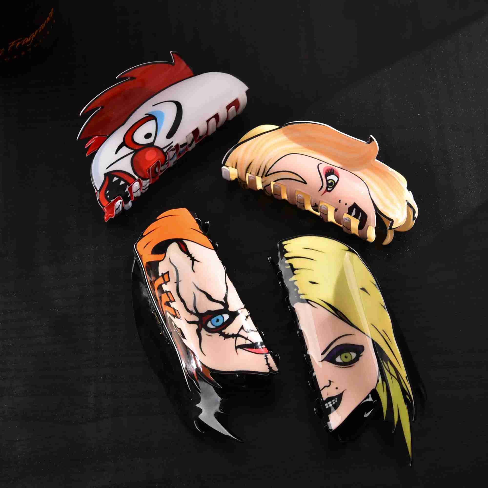 Horror Hair Clip Claw Acrylic Chucky Clip Creative Face Grimace Clown Crab Hair Clip Party Halloween Hair Accessories for WomanL240727