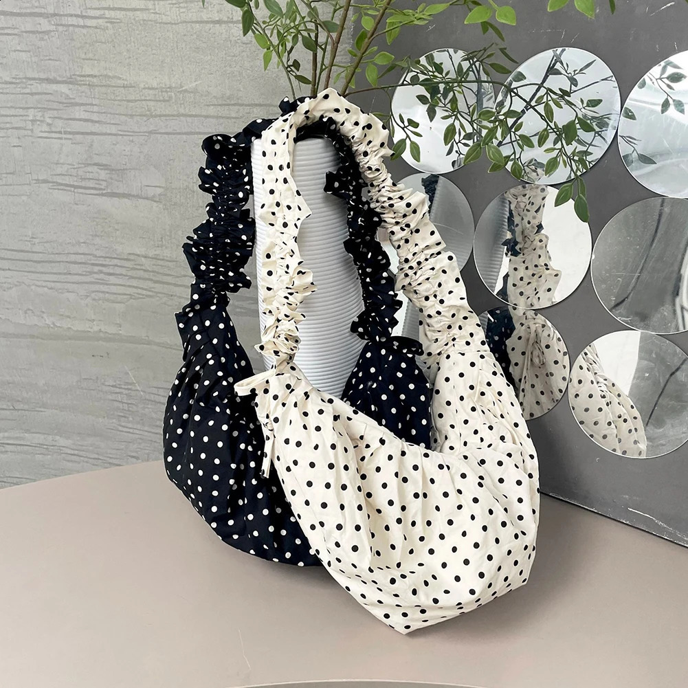 Womens fashion lingerie large capacity polka dot retro cross body bag fully matched pleated garbage for outdoor travel 240726