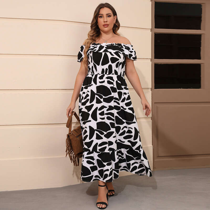Hot Selling One Neck Sexy Off Shoulder Leaf Print Plus Size Dress Bohemian Style Waist Cinching Long Skirt Waist Sexy Bifurcated SKINNY DRESS Denim Dr