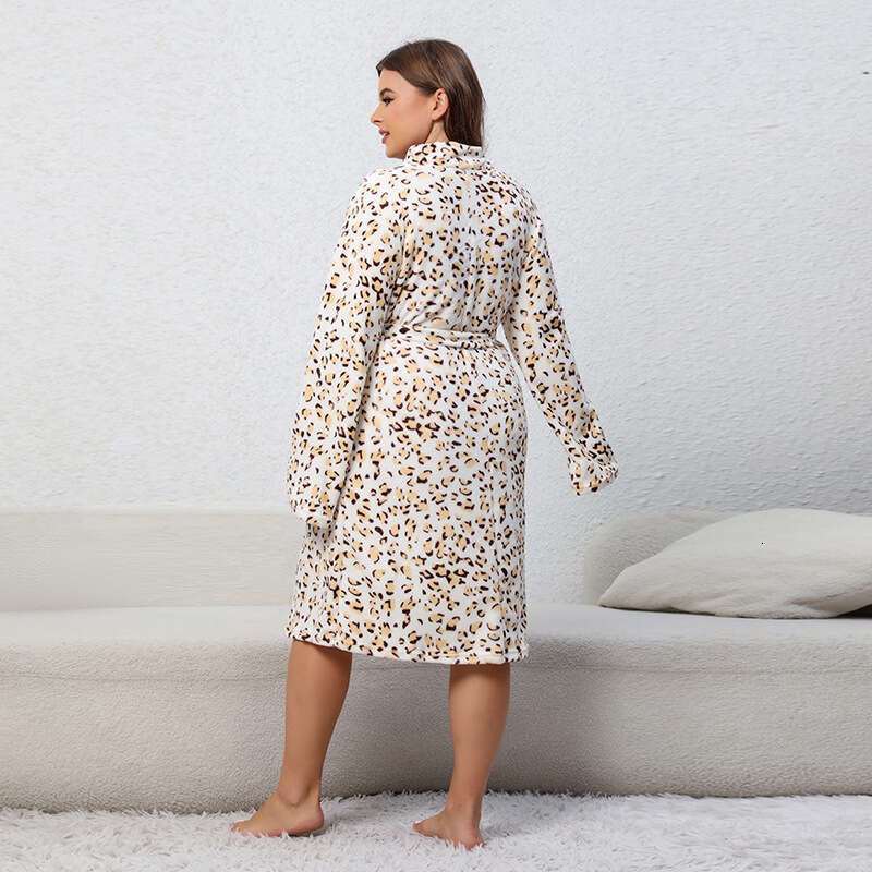Large size sleeved home clothing womens leopard print autumn winter printed pamas bathrobes long and comfortable