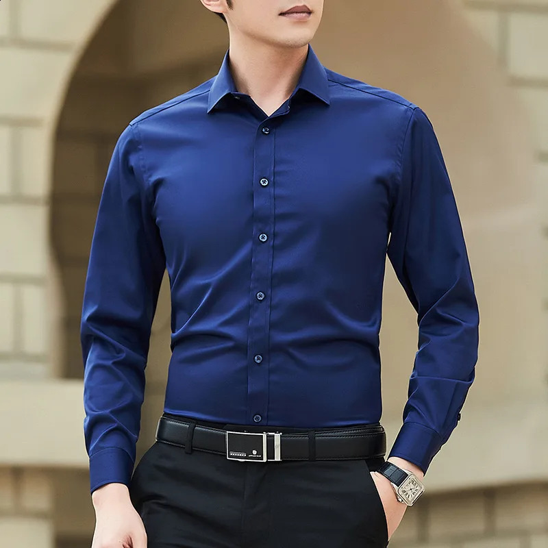 Mens Solid color Business Casual Formal shirt Fashion classic slim solid color long sleeve shirt no ironing social high quality 240822
