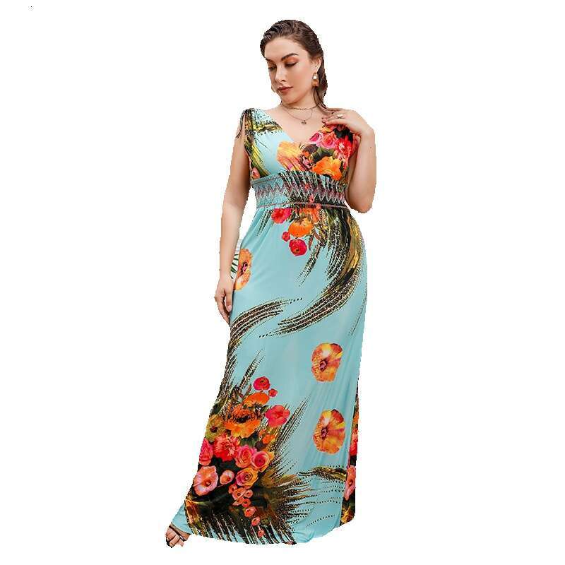 Hot Selling Plus Size Ice Silk Dress in Russia and the United States Long Printed with V-neck Elastic Waist Poppy Floor Length Skirt Waist Oversize Dr