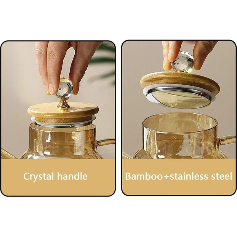 1/1.5/1.8l Glass Teapot With Bamboo Lid Amber Color Diamond Cold Kettle Heat-resisting Pot For Loose Leaf Fruit Scented Tea 240726