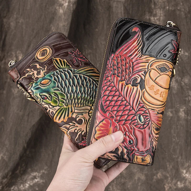 Fish Pattern Ladies Wallet Genuine Leather Coin Purse Real Cow Men or Women Vintage First Layer Cowhide Clutch Bag 240727