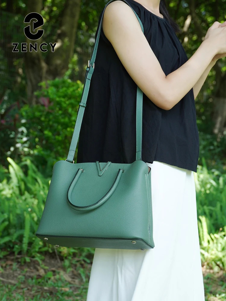 Zency Fashion Women Shoulder Bag 100% Genuine Leather Large Capacity Handbag Multi Pocket Satchel Tote Cross body Green 240727