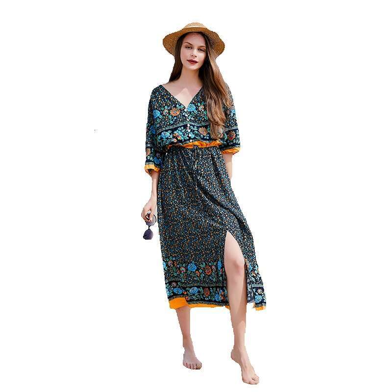 Hot Selling Large Size Seaside Vacation V-neck High Waisted Dress with Slit at Bottom and Loose Middle Length on the Beach Waist High Waist Dress Deni