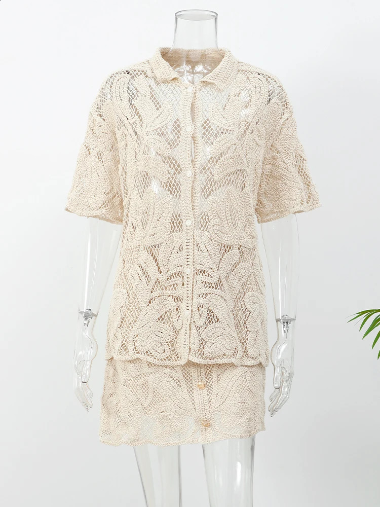 Womens hollow knitted dress twopiece set loose Vneck short sleeved single chest top summer office womens streetwear 240810