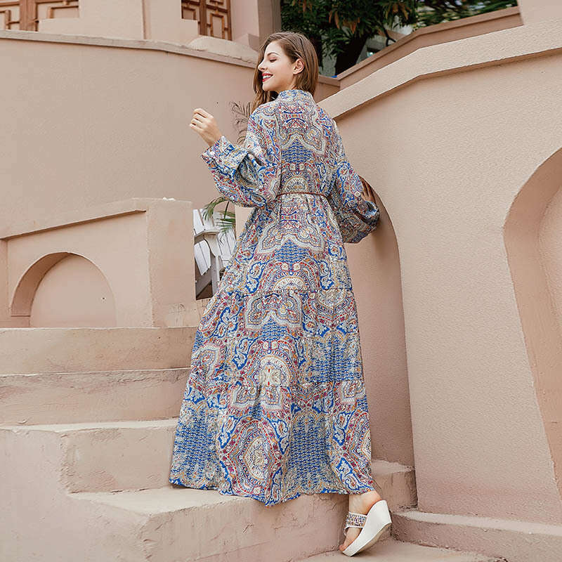 New French Floral V-neck Oversized Dress Childrens Spring and Autumn Temperament Gentle Style Bubble Sleeve Long Skirt Pregnant Womens Dress Silk Dres