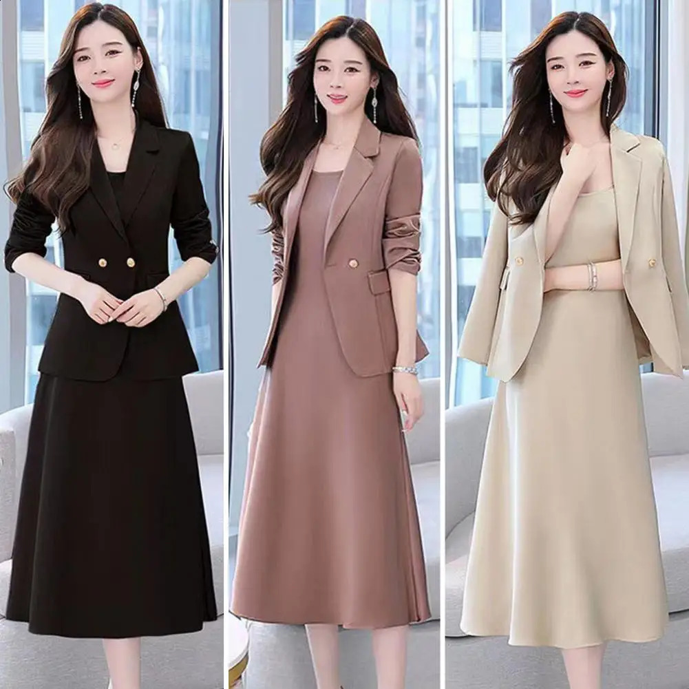 Fashion Full Sleeve Blazer 2 Piece Set Women Elegant Sleeveless Dresses For Businesss Tracksuit Ladies Dress Suit Work Suits 240727