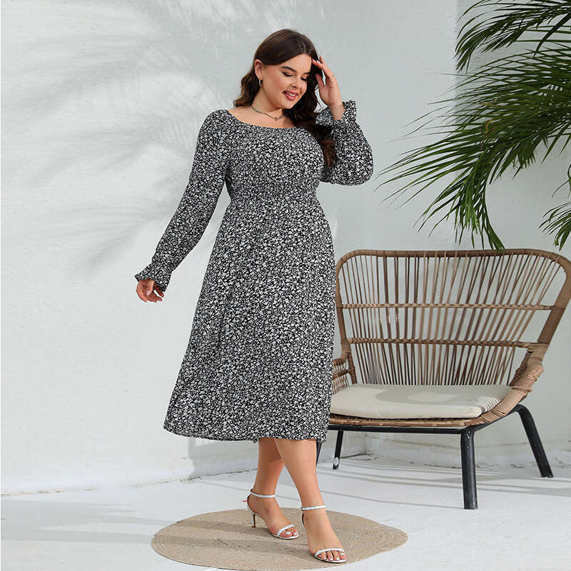 Spring New Oversized Sleeved with Floral Elastic Waist Elegant Long Dress and Lotus Leaf Sleeves Novelty Waist Self-cultivation Bifurcated BOHO DRESS