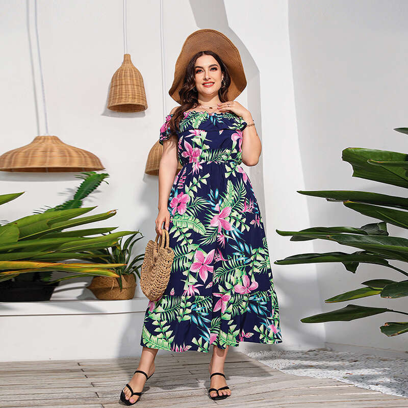 Hot Selling One Neck Sexy Off Shoulder Leaf Print Plus Size Dress Bohemian Style Waist Cinching Long Skirt Waist Sexy Bifurcated SKINNY DRESS Denim Dr
