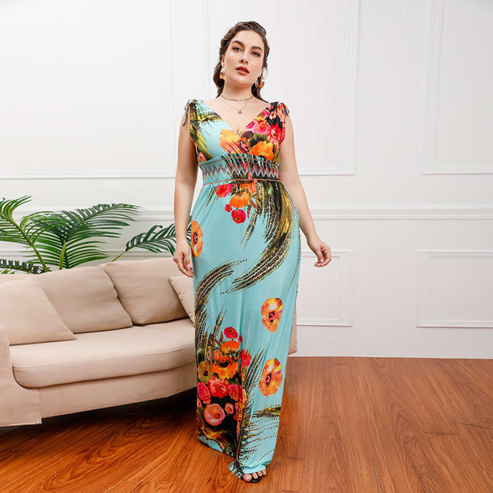 Hot Selling Chubby Mm Oversized Ice Silk Printed Bohemian Fat Plus Size V-neck Long Dress Sexy Dress Novelty Loose Waist Silk Dress Denim Dress