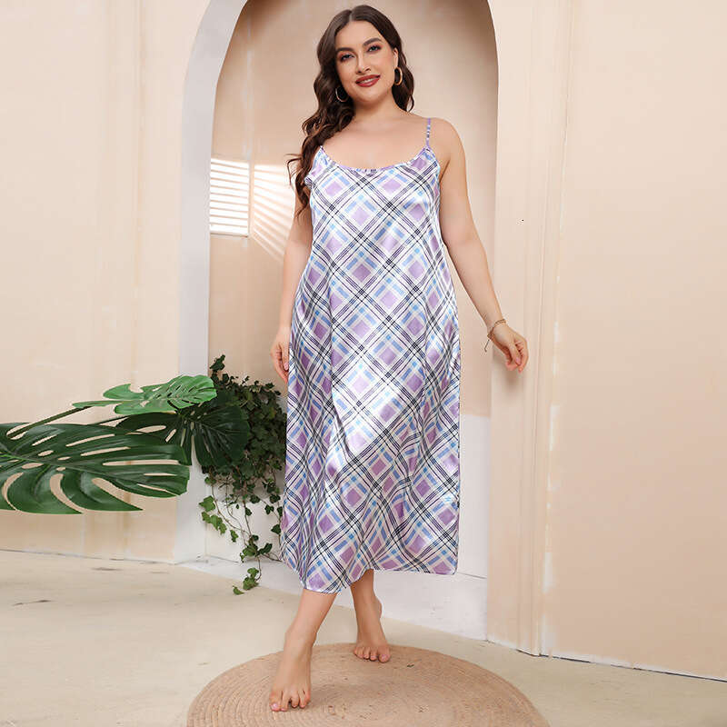 New Fat mm Large Home Fury Imitation Silk Purple Plaid Sleeveless Loose Sling Dress