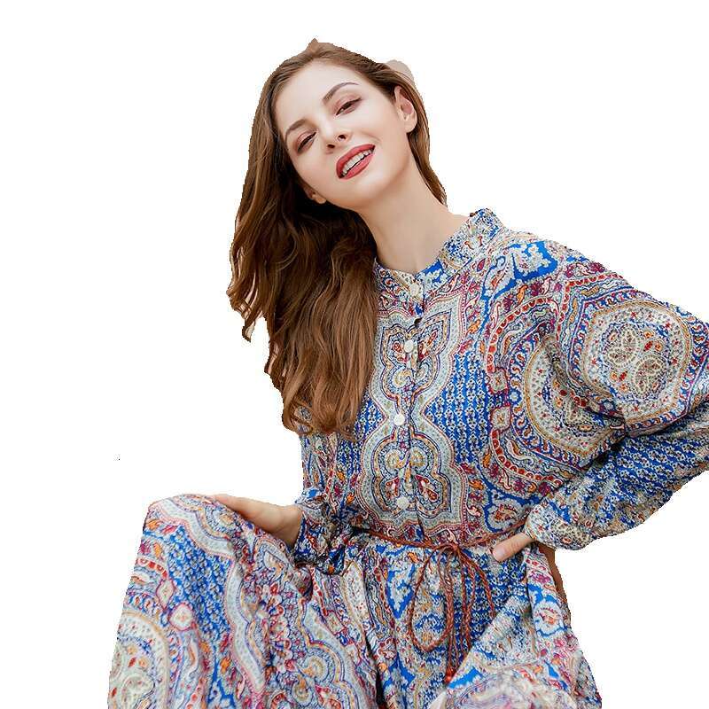 Bohemian Spring New Temperament Sleeved Plus Size Dress Womens Print Forest Style Fat Mm Can Be Worn Long Loose Bifurcated Novelty Waist Silk Dress BO