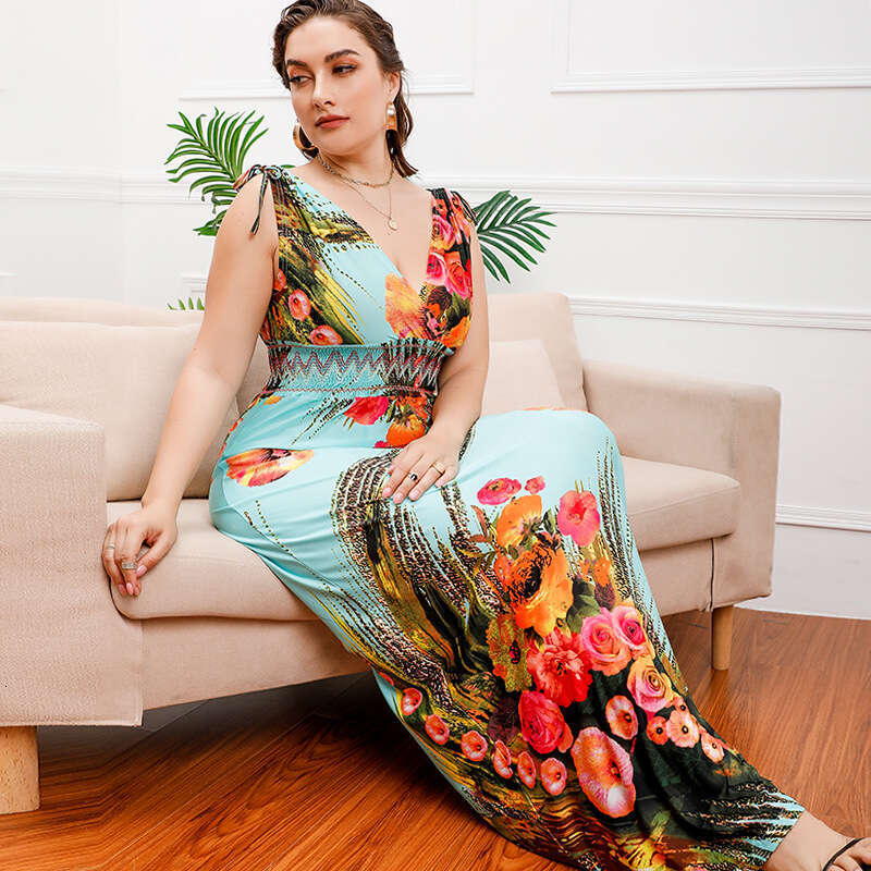 Hot Selling Plus Size Ice Silk Dress in Russia and the United States Long Printed with V-neck Elastic Waist Poppy Floor Length Skirt Waist Oversize Dr