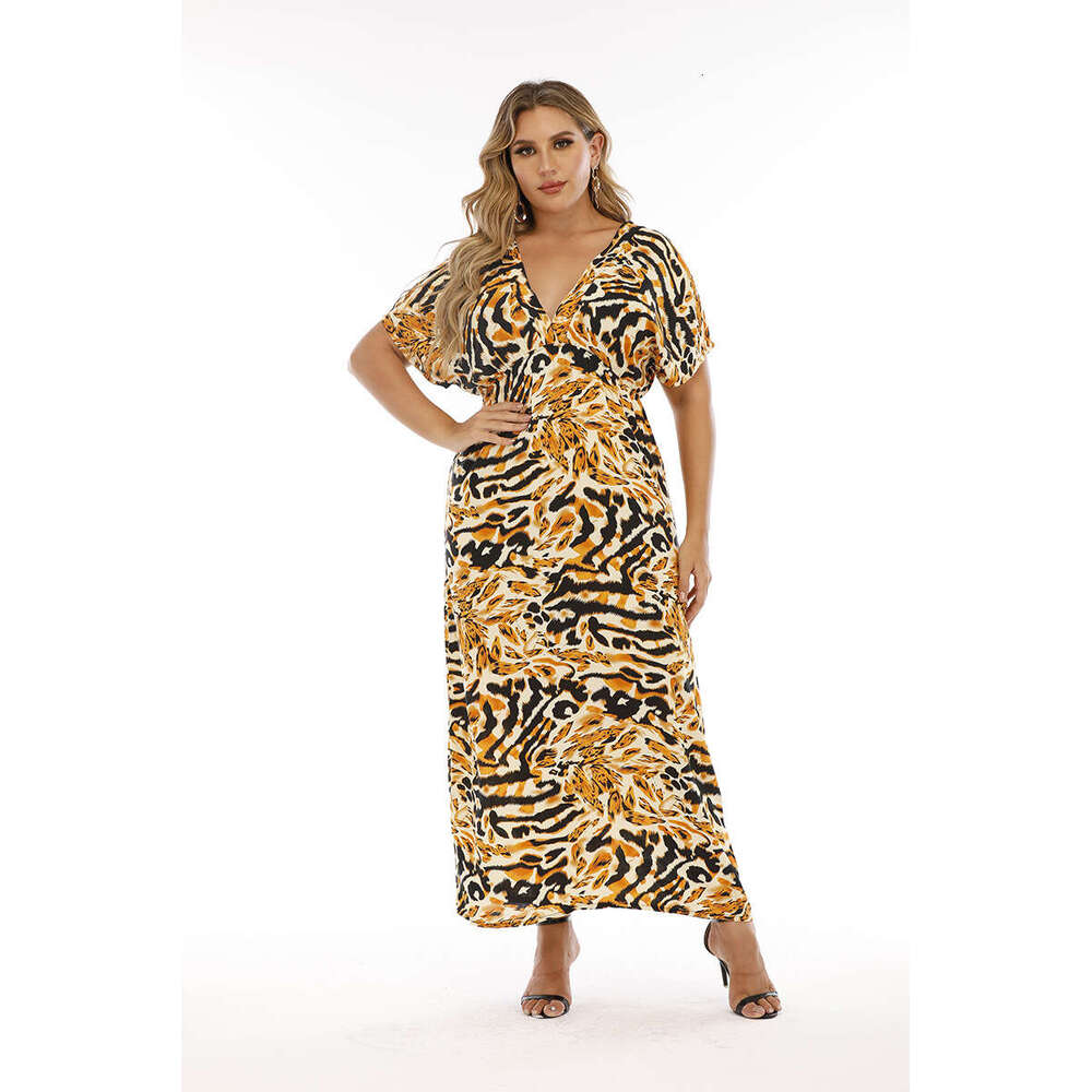 Large Size Leopard Print Fashion Dress Chubby Girl V-neck Slimming Long Skirt 200 Pounds Can Be Worn Temperament Self-cultivation High Waist Dress
