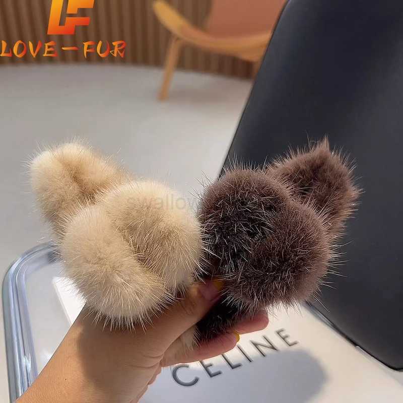 Real Mink Fur Barrettes Winter Fluffy Hair Claw Elegant Acrylic Hairpins Clip Crab Headwear for Women Girls Hair AccessoriesL240727
