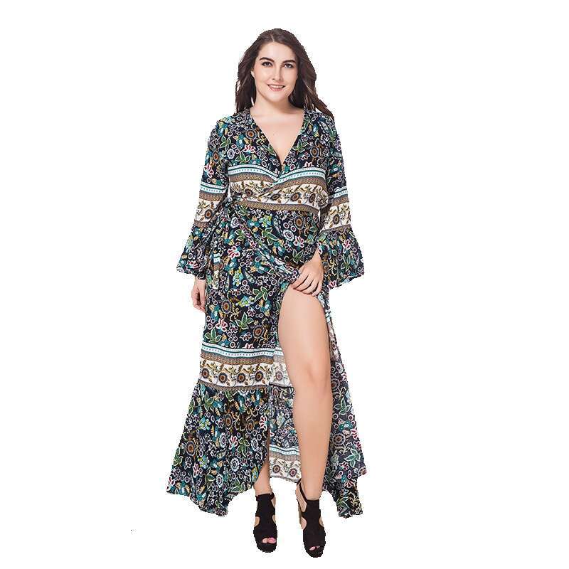 Womens Bohemian Ruffled Edge with Added Fat and Oversized Cotton Printed Long Dress Bifurcated Self-cultivation Novelty Temperament BOHO DRESS High Wa
