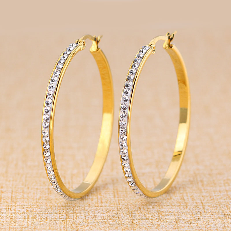 18K Real Gold Plated Stainless Steel Big Hoop Earrings for Women Austrian Crystal Large Round Circle Hoops Earring Clip On Earrings Jewelry Gift 2MM 3 - view 5