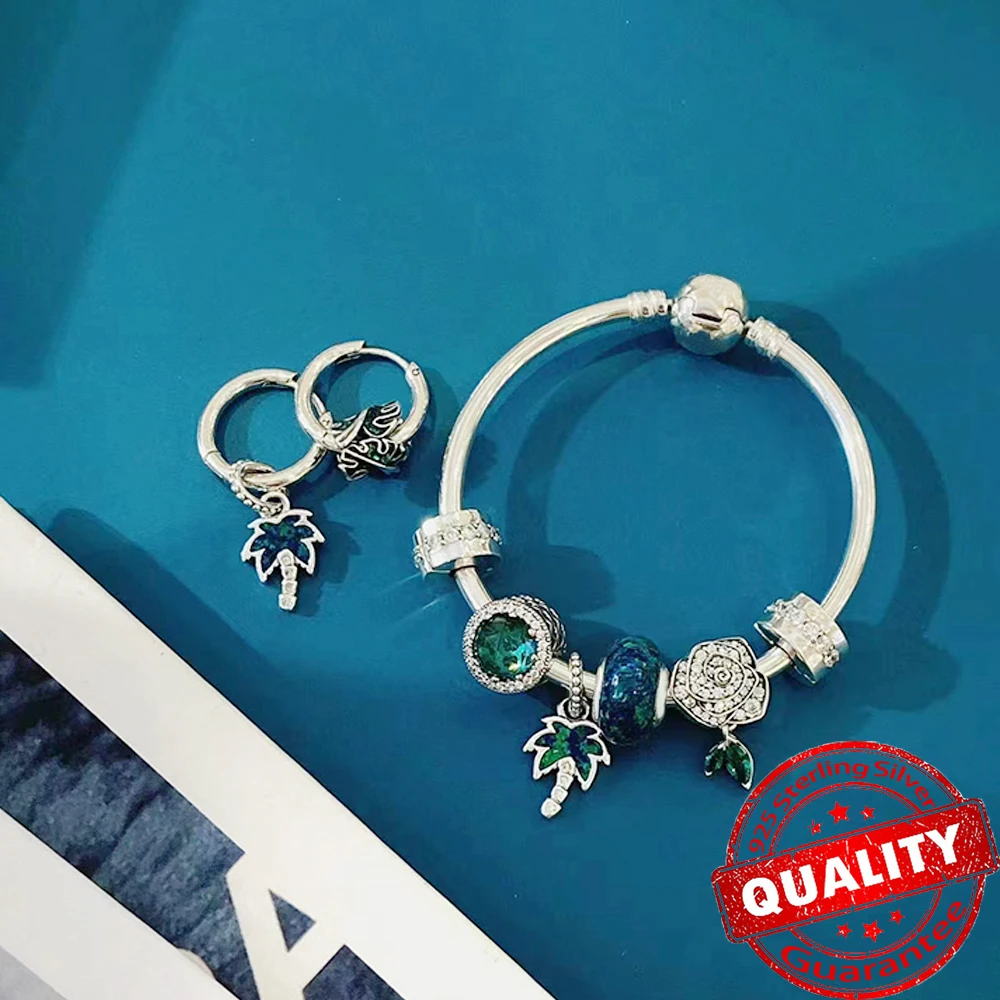New Green Monstera Lucky Leaves Charm Fit Bracelet 925 Sterling Silver Palm Tree Dangle Charm For Women Gift Jewelry