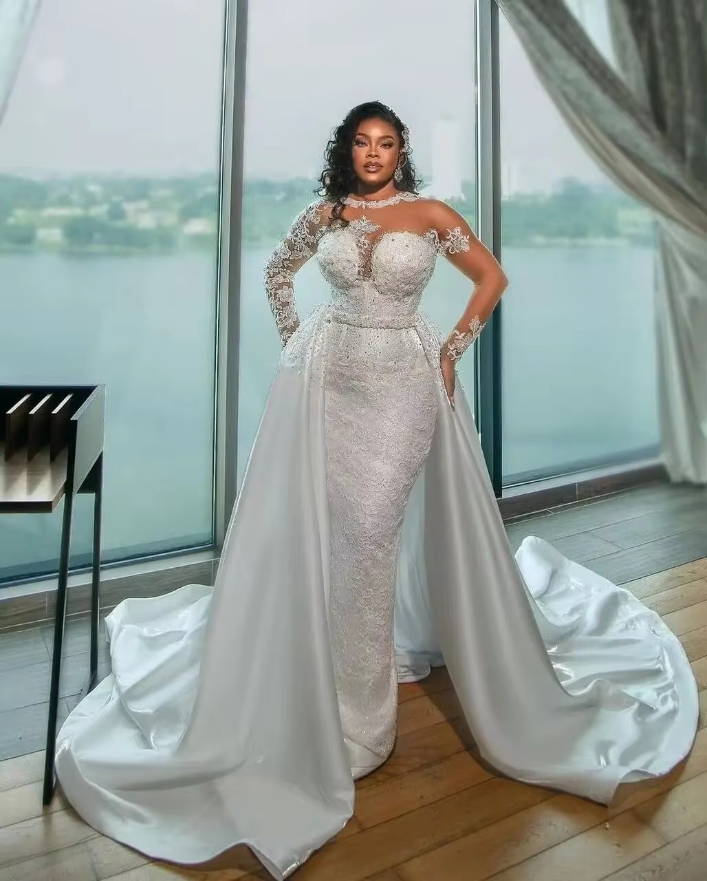 Modern White Full Lace Mermaid Wedding Dresses 2025 With Overskirt Train Sheer Neck Long Sleeves Plus Size Bridal Party Gowns