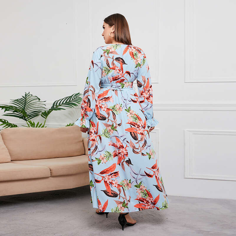 Hot Selling Spring and Autumn New Plus Size Temperament Waist Cinching Long Skirt V-neck Plant Flower Print Short Novelty Loose SKINNY DRESS Lace Dres
