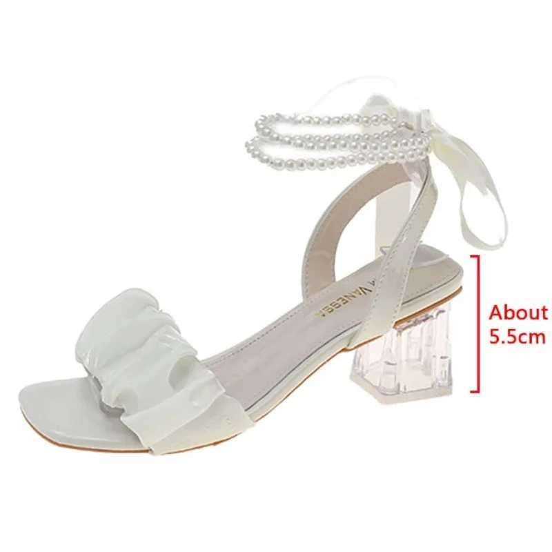 High Quality Comfort Shoes for Women Block Heels Pearl Sandals Med Suit Female Beige All-Match Chunky Girls Medium Clear Black Gladiator T241227