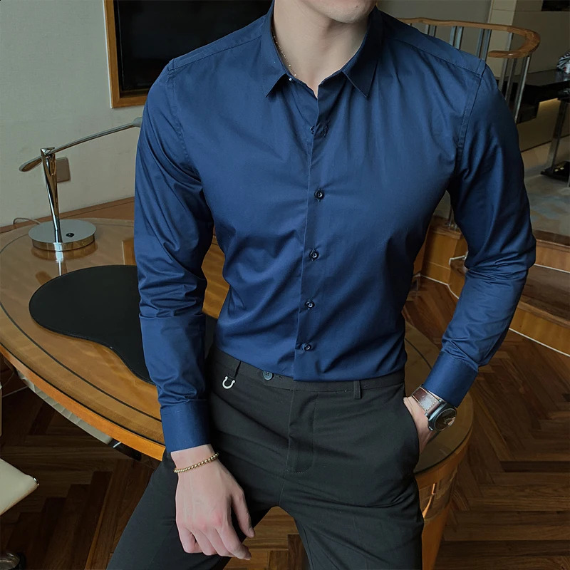7 Colors Mens Business Fashion Solid Color Long Sleeve Shirt Classic Style Cotton Casual White Slim Fit Shirt Office Clothes 240822
