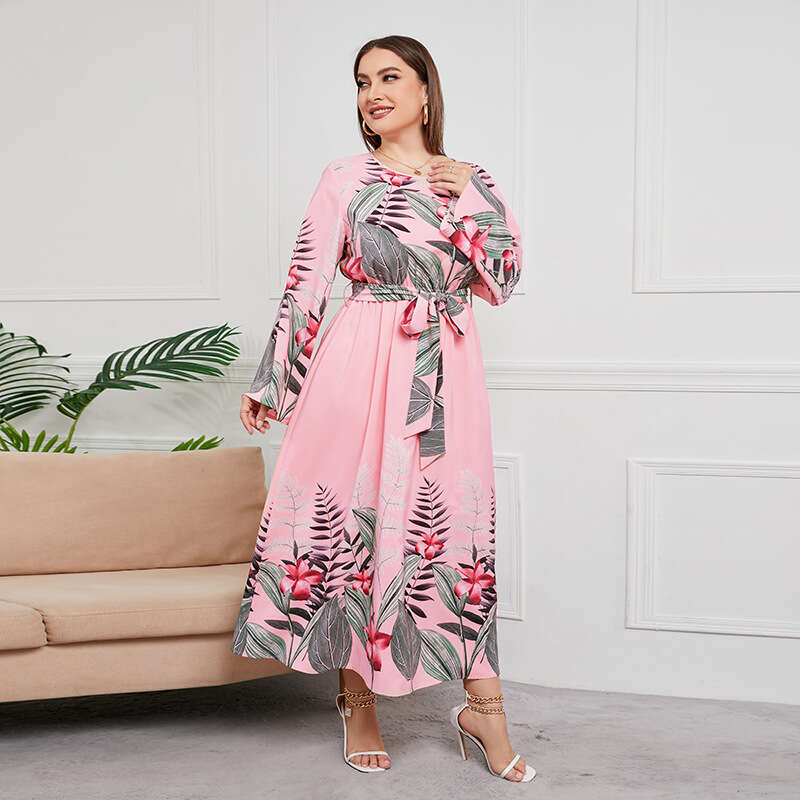Hot Selling Large-sized Printed Sleeved Dress with High Waistband and Holiday Style Large Hem Long Skirt Sexy Short Self-cultivation SKINNY DRESS