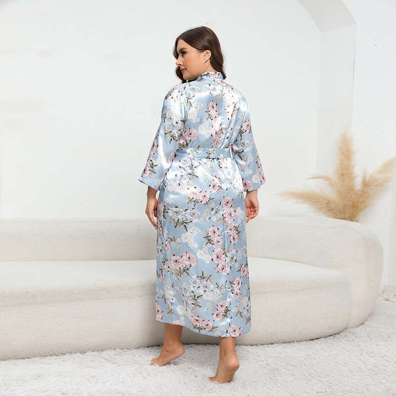 Hot selling autumn new simulation silk colored ding oversized pamas bathrobes home clothes long sleeved XXXXL