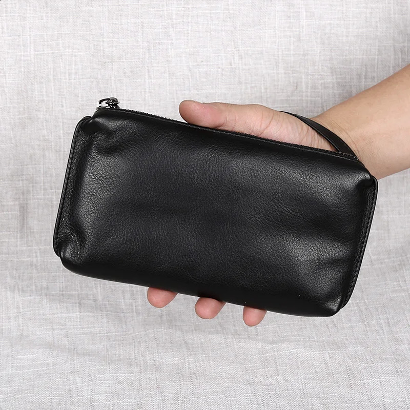 Genuine Leather Handbag For Mens Soft Retro Casual First Layer Cowhide Long Wallet With Large Capacity Zipper Phone Bag 240727
