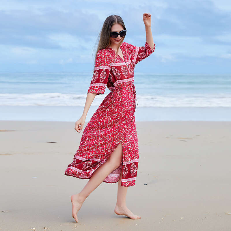 Bohemian Style V-neck Seaside Vacation Womens Large Floral Breasted Dress Slit Long Skirt at the Hem Waist Bifurcated BOHO DRESS Oversize Dress