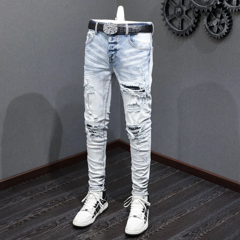 Home>Products>Fashionable Mens Jeans>Retro Light Blue Elastic Tight Jeans>Open top Jeans 240726